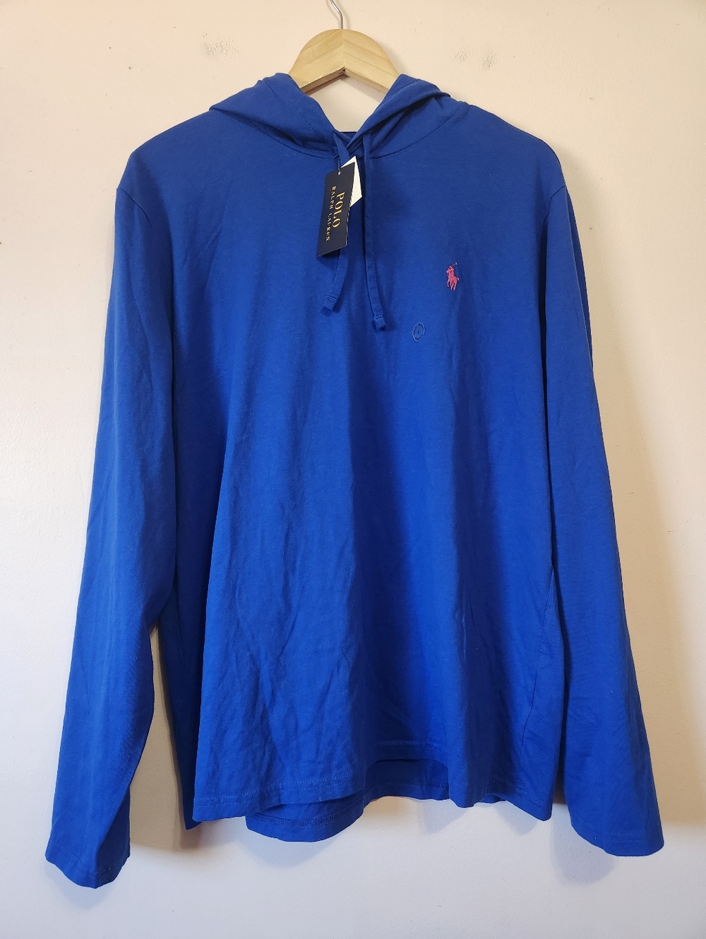 NWT Polo Ralph Lauren Mens Jersey Knit Hoodie Royal Blue Pink Pony Logo Size L